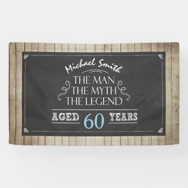 Lona Banner de cumpleaños Man Man Myth Legend Rustic Wo (Horizontal)