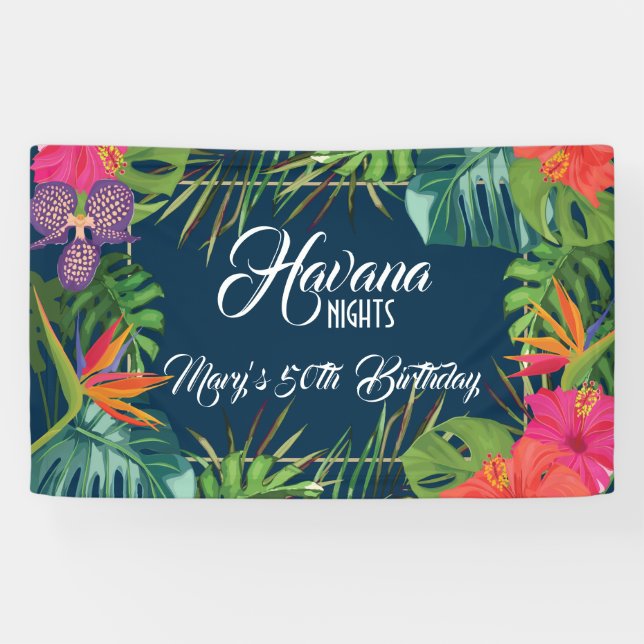 Lona Banner de cumpleaños tropical de las noches de La  (Horizontal)