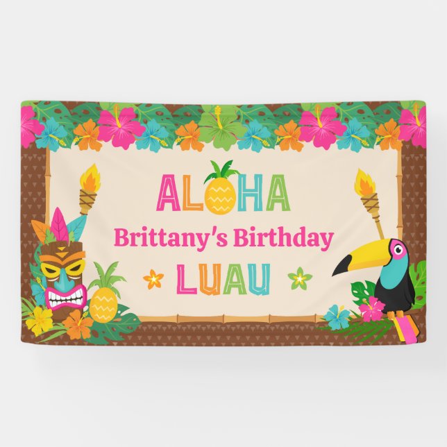 Lona Banner de cumpleaños tropical hawaiano de Aloha Lu (Horizontal)
