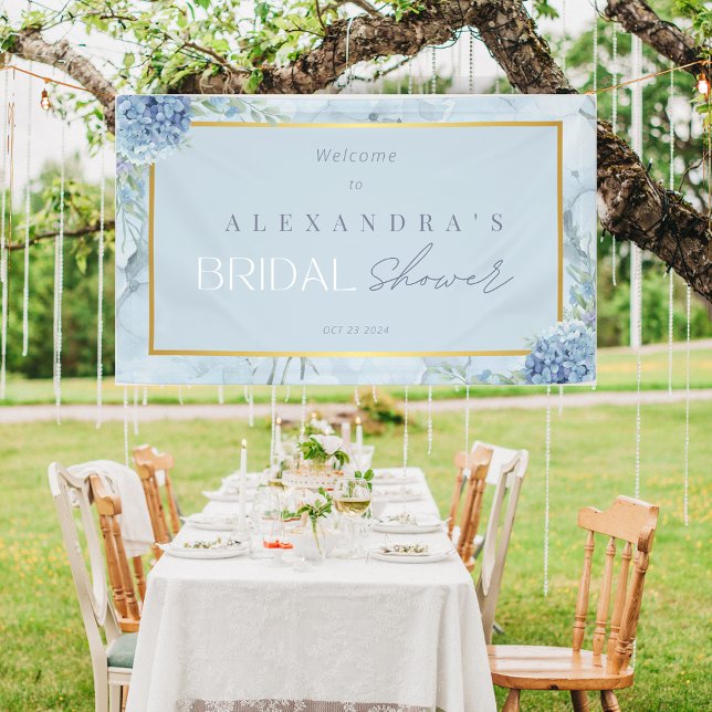 Lona Banner de ducha de novia Blue Floral Hydrangea (Blue Floral Hydrangea Bridal Shower Banner)