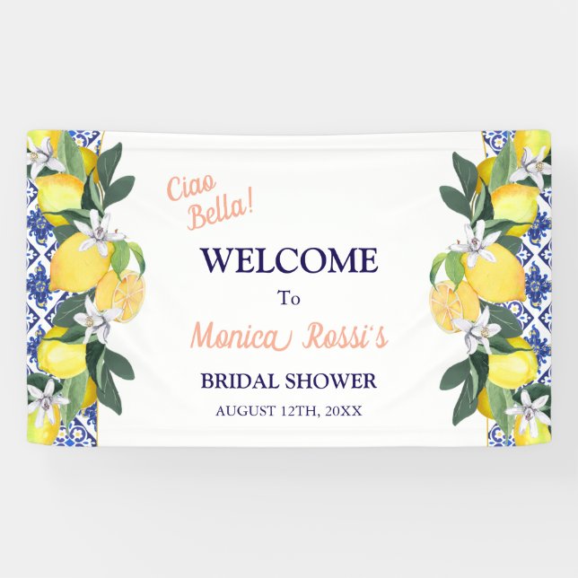 Lona Banner de ducha de novia de azulejos azules de lim (Horizontal)