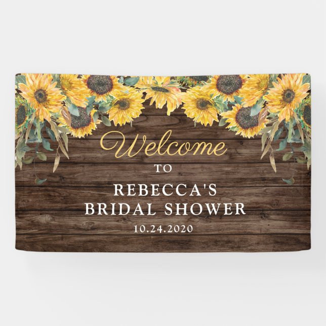 Lona Banner de ducha de novia de madera de girasol rúst (Horizontal)