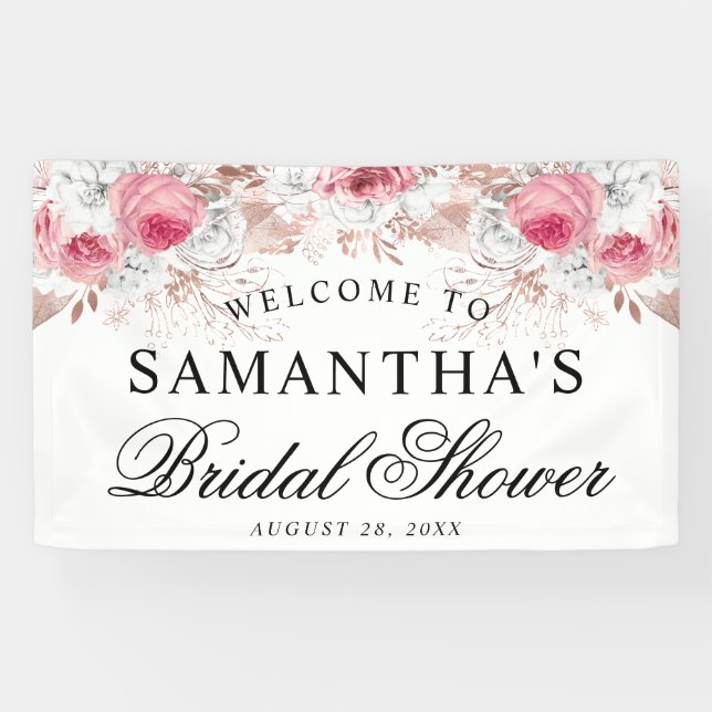 Lona Banner de ducha de novia elegante con flores rosas (Horizontal)