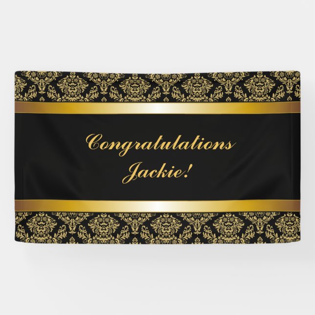 Lona Banner de felicitaciones a Black Gold Damask (Horizontal)