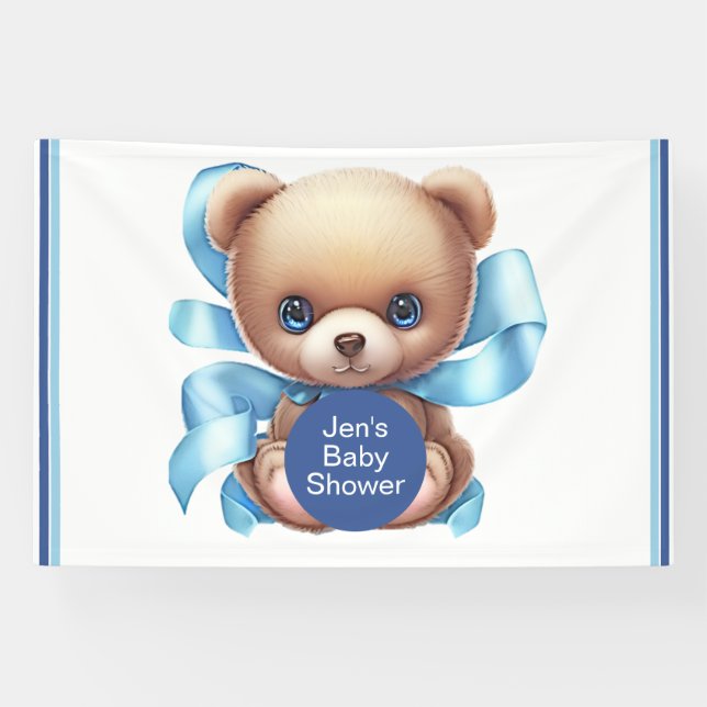 Lona Banner de Fiesta de Baby Shower azul Teddy Bear (Horizontal)
