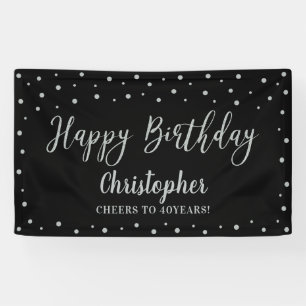 Lona Banner de Fiesta de cumpleaños Silver y Black Happ