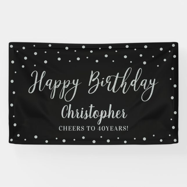 Lona Banner de Fiesta de cumpleaños Silver y Black Happ (Horizontal)