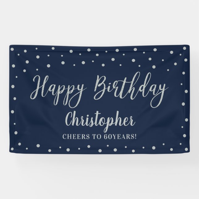 Lona Banner de Fiesta de cumpleaños Silver y Navy Blue  (Horizontal)
