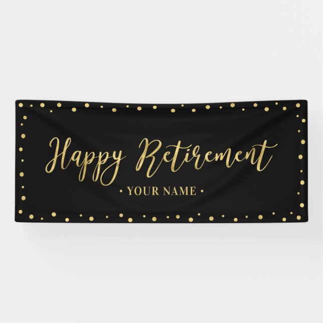 Lona Banner de Fiesta de retiro Gold y Black Happy (Horizontal)