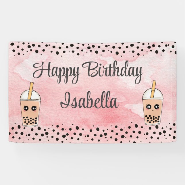 Lona Banner de fondo de cumpleaños de té de Boba (Horizontal)
