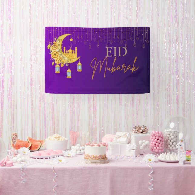 Lona Banner de fondo morado y dorado de Eid Mubarak Eid (Fiesta)