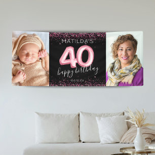 Lona Banner de foto de cumpleaños feliz Black Pink 40