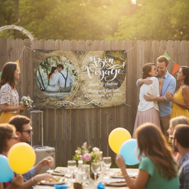 Lona Banner de foto personalizado del mapa ruso de viaj (Bon Voyage Rustic Map Personalized Photo Banner)