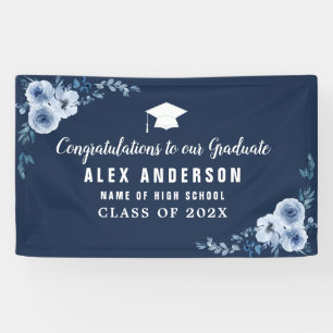 Lona banner de graduación de texto azul floral blanco