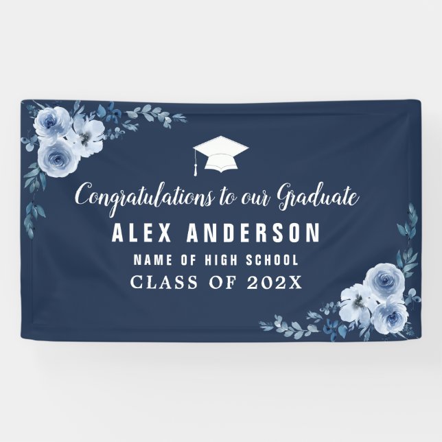 Lona banner de graduación de texto azul floral blanco (Horizontal)