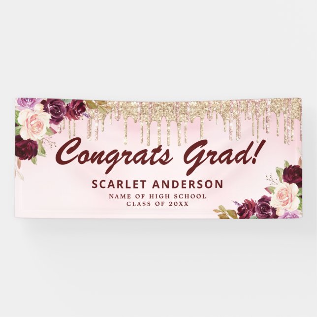 Lona banner de graduación floral de berry blush (Horizontal)