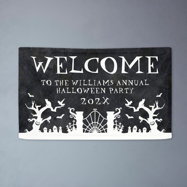 Lona Banner de la fiesta anual de Halloween de la famil (Welcome Sign Family Annual Halloween Party Banner
)