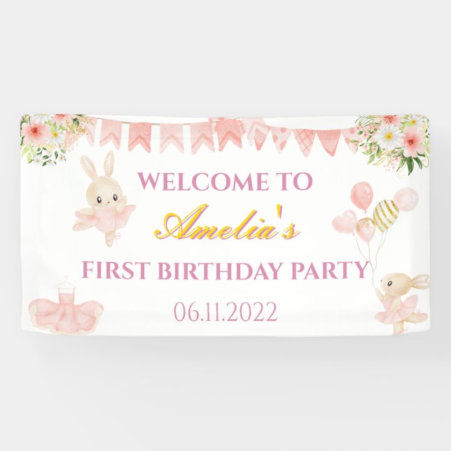 Lona Banner de la fiesta de cumpleaños de bailarina ros (Horizontal)