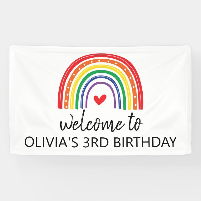 Lona Banner de la fiesta de cumpleaños Rainbow y Hearts (Horizontal)
