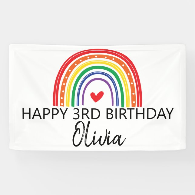 Lona Banner de la fiesta de cumpleaños Rainbow y Hearts (Horizontal)