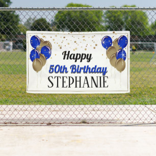 Lona Banner de oro Purpurinoso y cumpleaños feliz azul