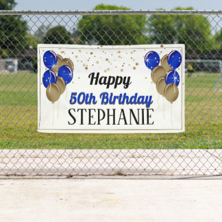 Lona Banner de oro Purpurinoso y cumpleaños feliz azul
