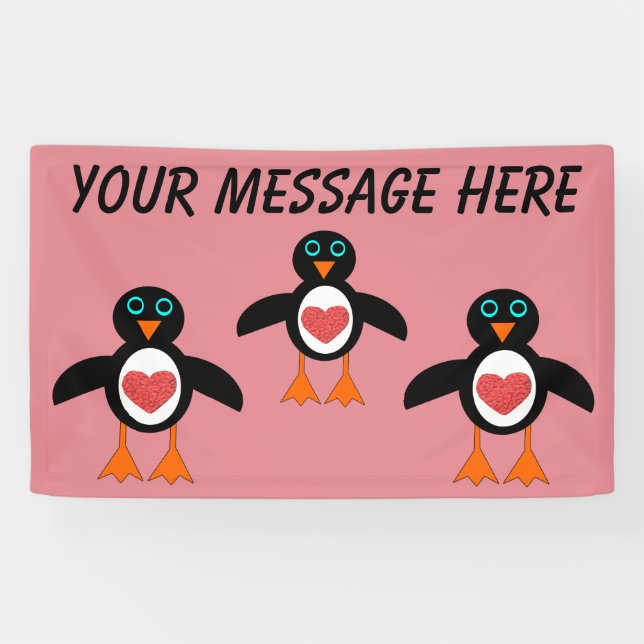 Lona Banner de Personalizado de Pingüino Cute Love Hear (Horizontal)