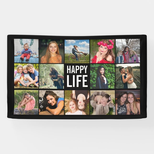 Lona Banner de Personalizado negro de Happy Life Collag (Horizontal)