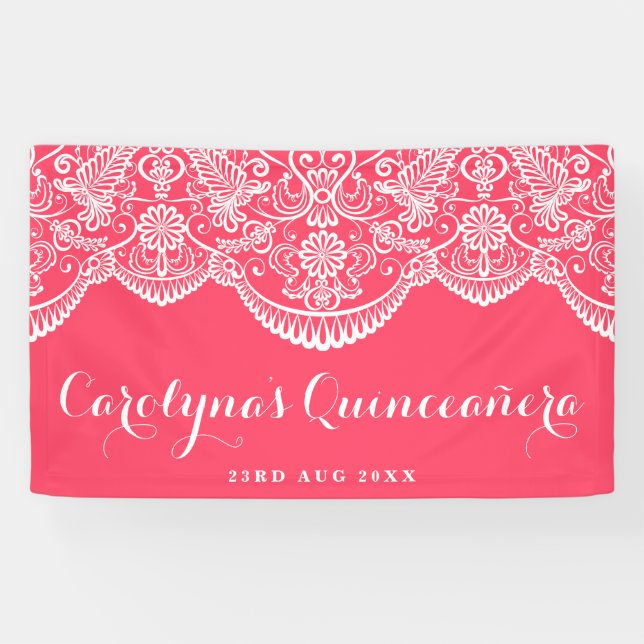 Lona Banner de Quinceañera rosa rosa de encaje de Broca (Horizontal)