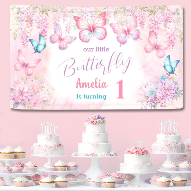 Lona Banner de verano rosado del Chica de cumpleaños 1  (Butterfly 1st Birthday Girl Pink Summer Banner)