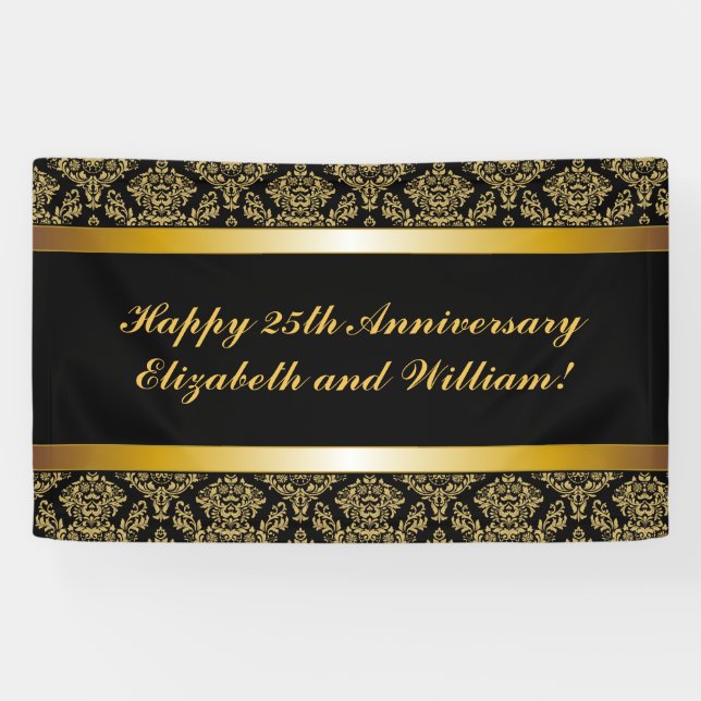 Lona Banner del aniversario feliz de Black Gold Damask (Horizontal)