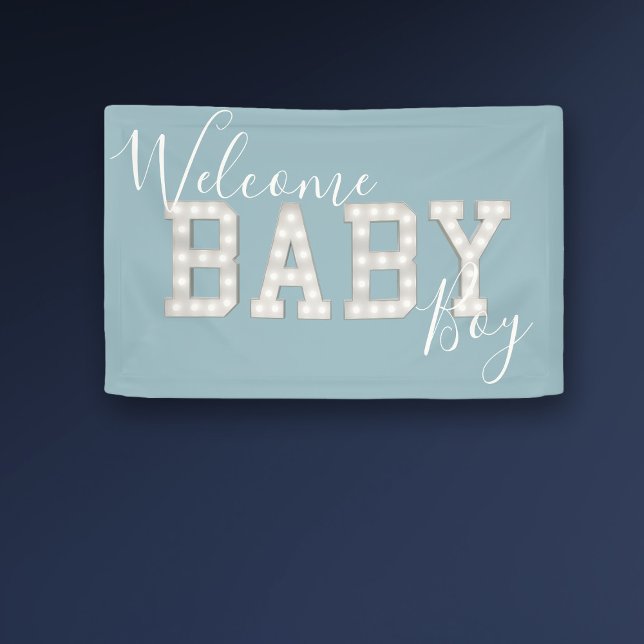 Lona Banner del Fiesta de ducha azul de Baby Boy de bie (Welcome home to the baby boy! You can change the text to add your little one's name. )