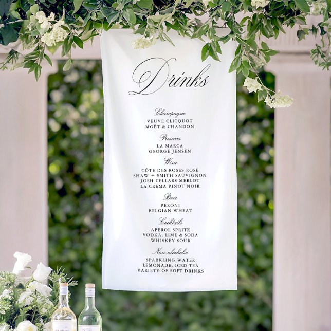 Lona Banner del menú de la barra de bebidas de Boda bla (Black & White Wedding Drinks Bar Menu Banner)