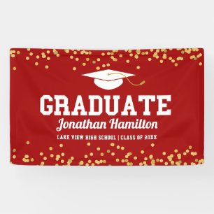 Lona Banner del partido de graduación Red Gold Confetti