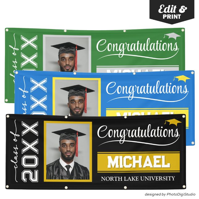 Lona Banner editable de graduación 2025 con nombre y es (2025 Editable Graduation Banner with Name & School, Black and Gold Banner Outdoor Horizontal)