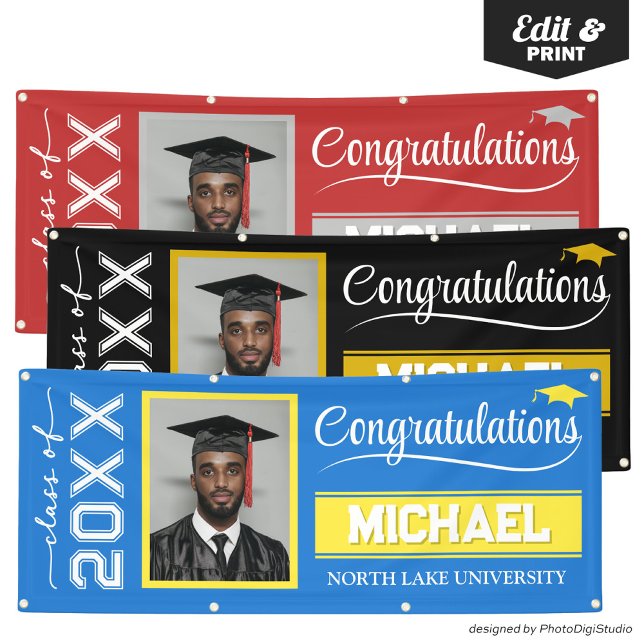 Lona Banner editable de graduación 2025 con nombre y es (2025 Editable Graduation Banner with Name & School, Royal Blue and Yellow Banner Outdoor Horizontal)