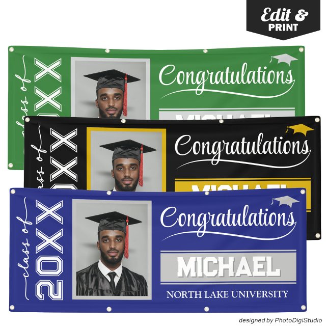 Lona Banner editable de graduación 2025 con nombre y es (2025 Editable Graduation Banner with Name & School, Blue and Silver Banner Outdoor Horizontal)
