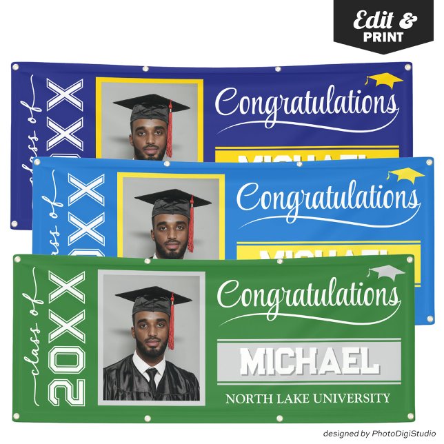 Lona Banner editable de graduación 2025 con nombre y es (2025 Editable Graduation Banner with Name & School, Green and Silver Banner Outdoor Horizontal)