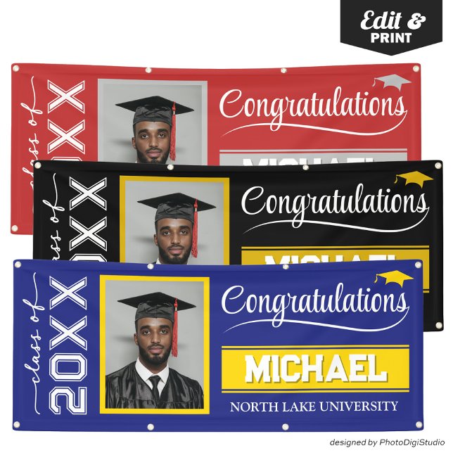 Lona Banner editable de graduación 2025 con nombre y es (2025 Editable Graduation Banner with Name & School, Navy Blue and Gold Banner Outdoor Horizontal)