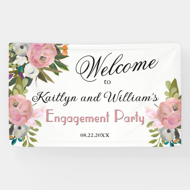 Lona BANNER Elegant Floral Engagement Party Welcome (Horizontal)