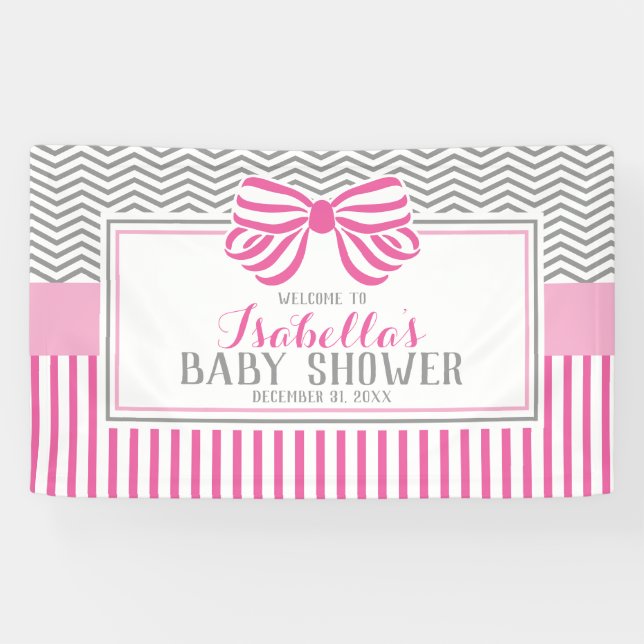 Lona Banner Fiesta Baby Shower rosa y gris (Horizontal)