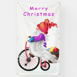 Lona Banner Gnome de navidades con bicicleta y regalos