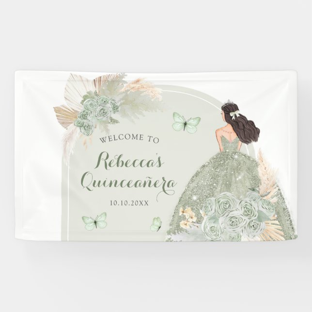 Lona Banner grande de Boho Sage Green Floral Quinceañer (Horizontal)