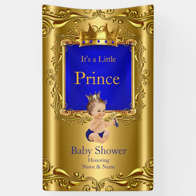 Lona Banner Prince Baby Shower Blue Gold Brunette 2 (Vertical)