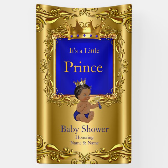Lona Banner Prince Baby Shower Blue Gold Ethnic 2 (Vertical)