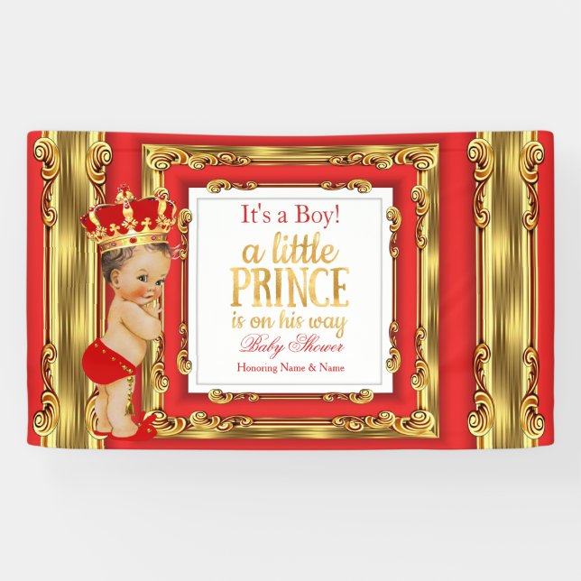 Lona Banner Prince Baby Shower Regal Red Gold Brunette (Horizontal)