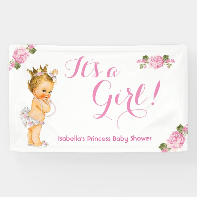 Lona Banner Princess Baby Shower Pink Floral Blonde (Horizontal)