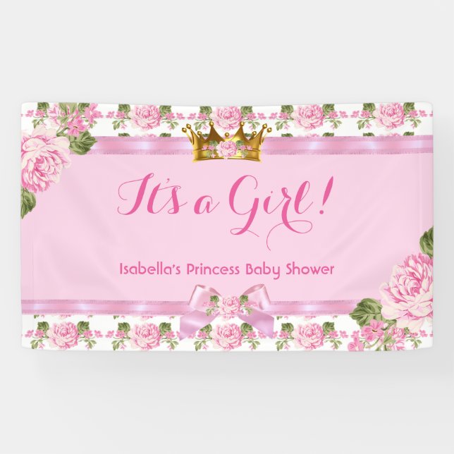 Lona Banner Princess Baby Shower Roses rosados Gold Cro (Horizontal)