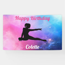 Banner rosa y azul feliz cumpleaños de gimnasia