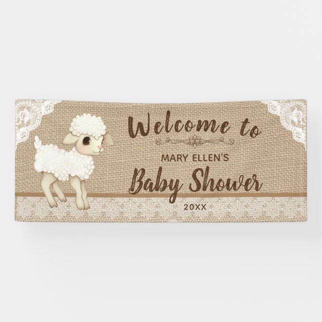Lona Banner Rústico Burlap Little Lamb Baby Shower (Horizontal)